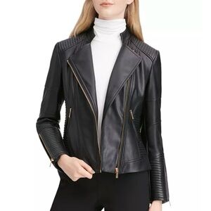 Like New Large Calvin Klein Black Faux Leather Moto Jacket w/Gold Zippers (ABBA)
